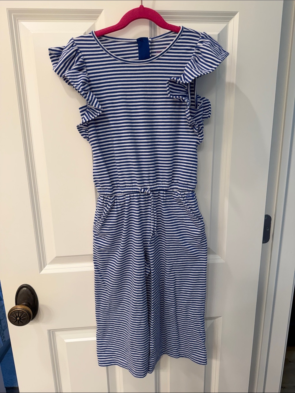 Vineyard Vines Navy and White Striped Ruffle Sleeve Romper